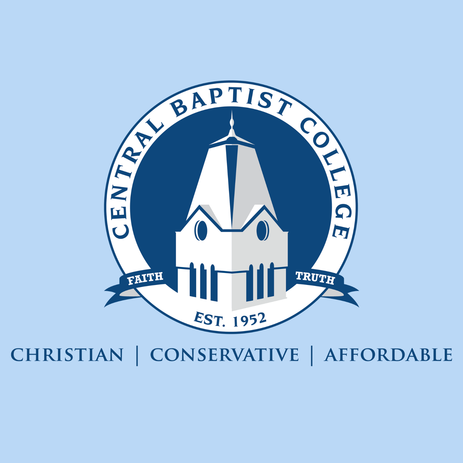 The Central Baptist College logo features a building with a tower, surrounded by a blue circular border with the text Central Baptist College, Faith, Truth, and Est. 1952. Below are the words Christian | Conservative | Affordable.