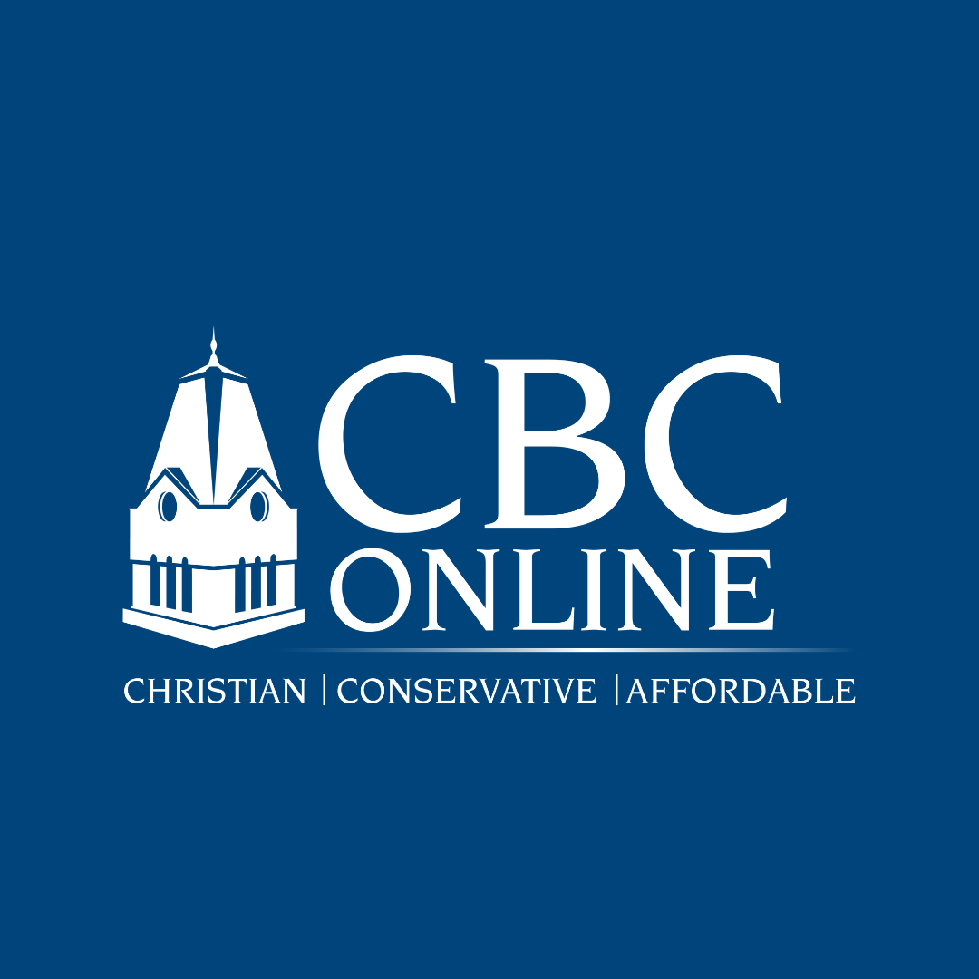 White logo on a blue background featuring a building with a pointed roof next to the text CBC ONLINE. Below, it reads Christian | Conservative | Affordable in white capital letters.