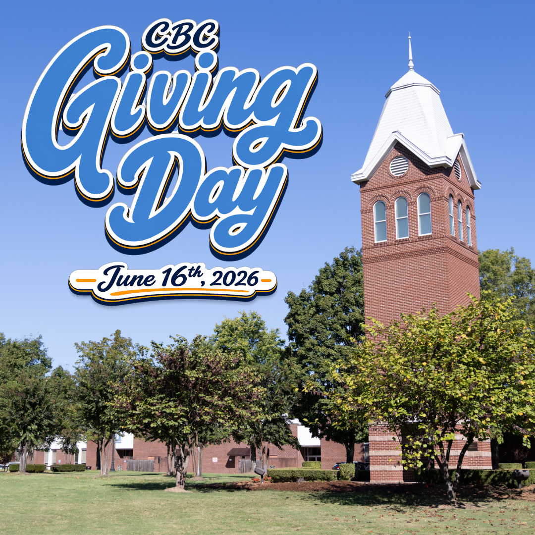 A brick clock tower stands on a grassy campus with trees under a clear blue sky. Overlaid text reads, CBC Giving Day, June 16th, 2026.