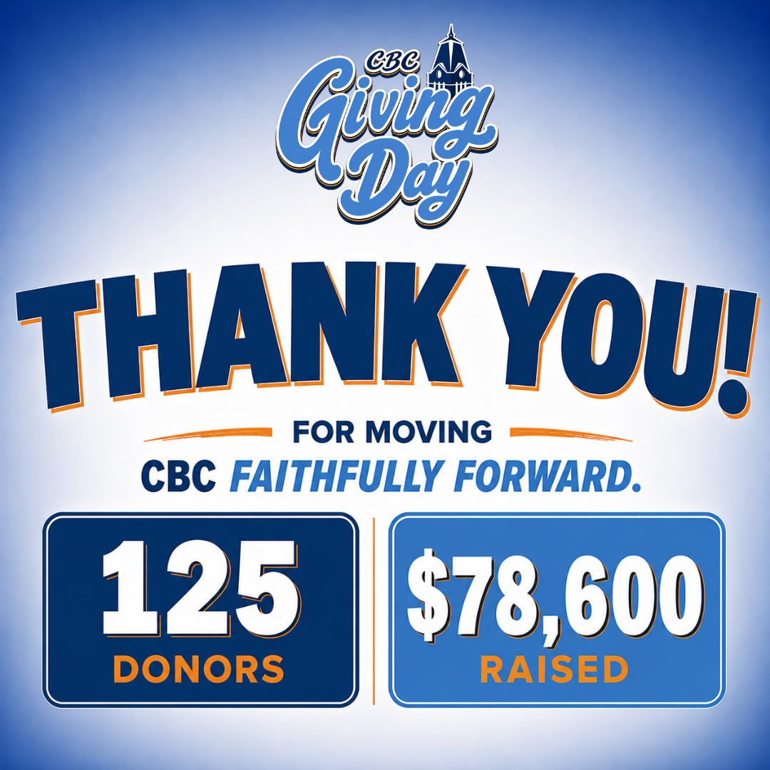 Graphic with CBC Giving Day at the top, large Thank You! in the center, and 125 donors and $78,600 raised at the bottom, celebrating a fundraising achievement for CBC.
