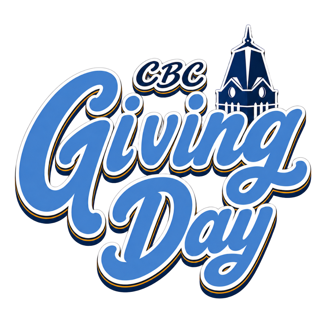 Stylized text reading CBC Giving Day in blue and white script, with an illustration of a building tower above the text.